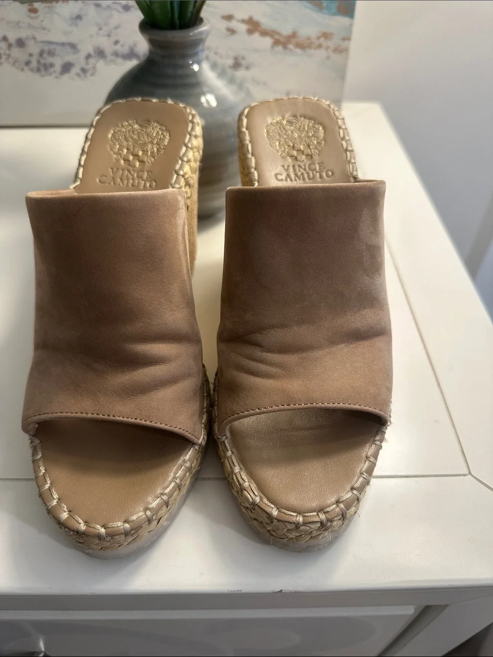 Vince Camuto Brissia Taupe Suede Espadrille Wedge Mule - Picture 2 of 5